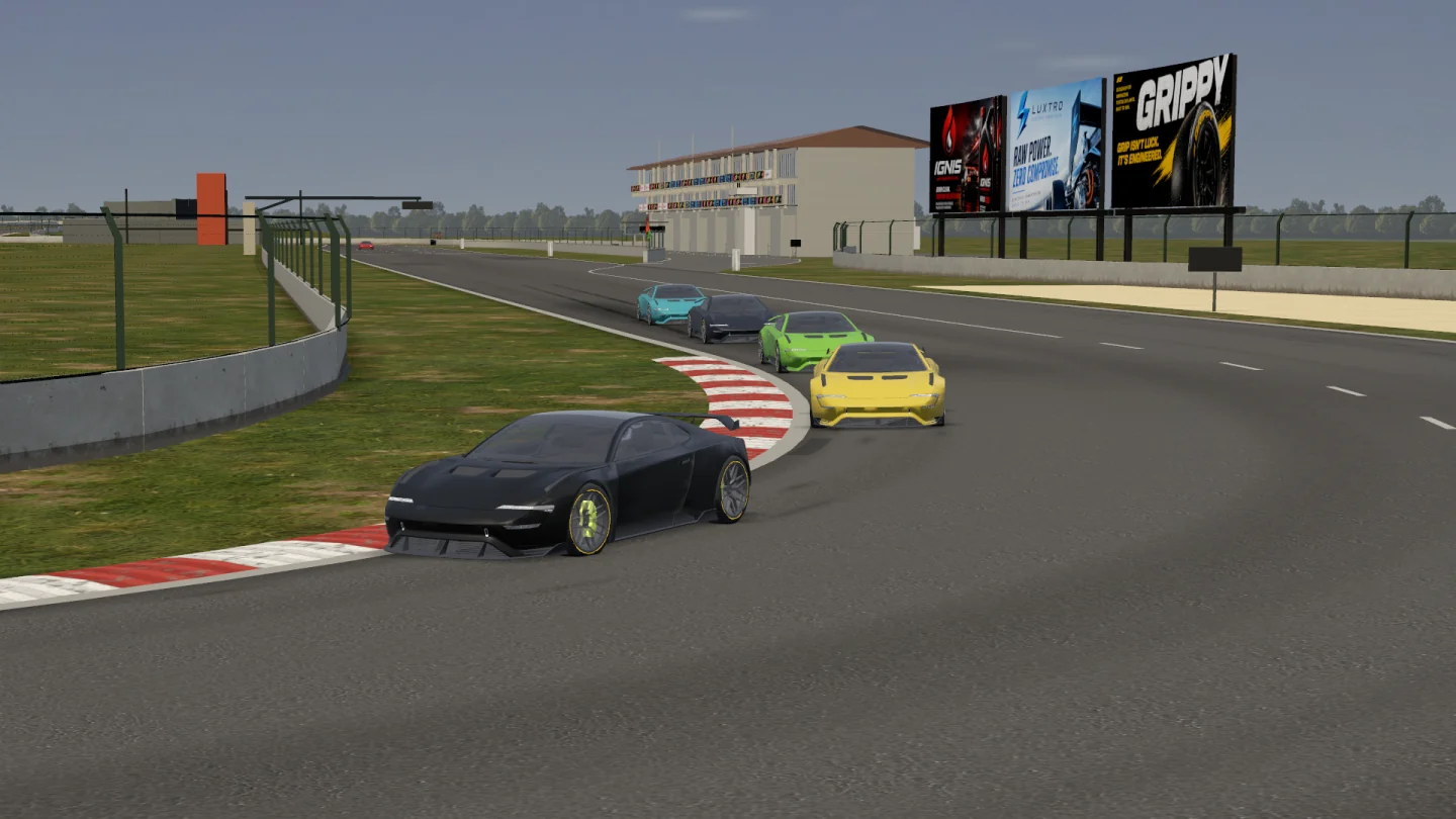 Five GT3 cars racing through a Monteluce bend, with a black car on the inside kerb and the pack close behind
