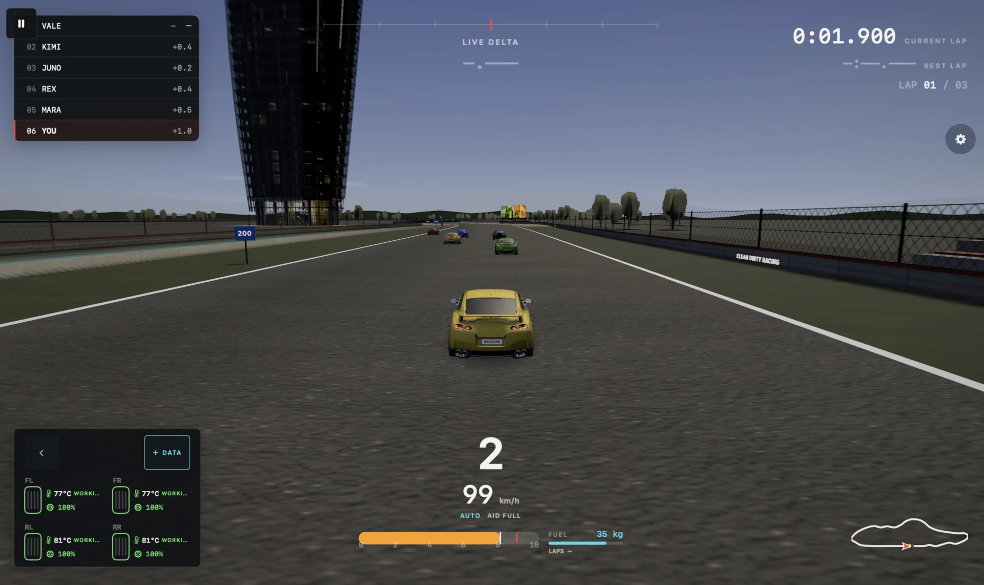 Clean Dirty Racing in-game screenshot showing the player’s yellow GT3 driving along the tower straight at 99 kilometres per hour with the field ahead