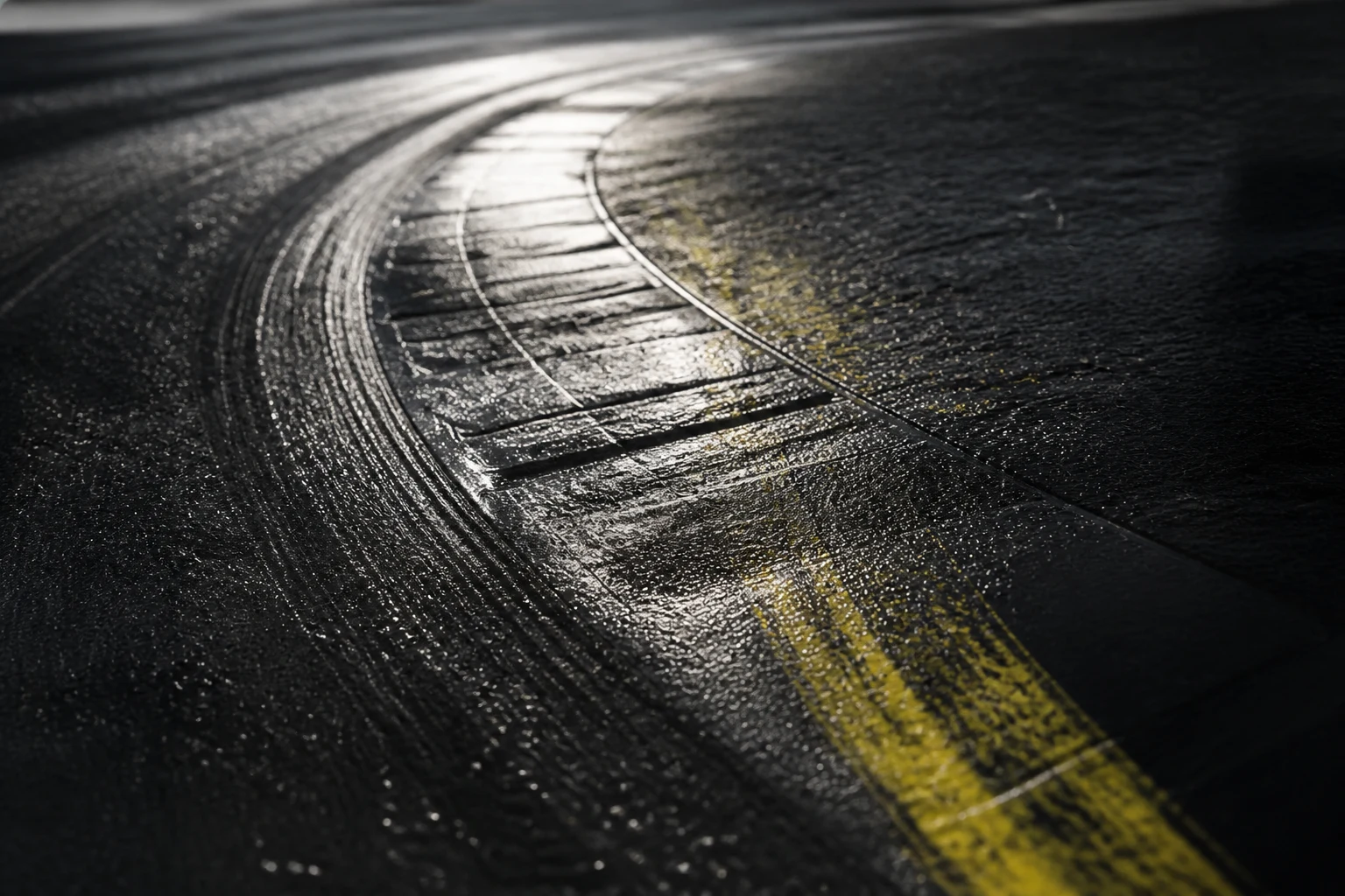 Rain-darkened racing surface marked by rubber and an acid-yellow painted line